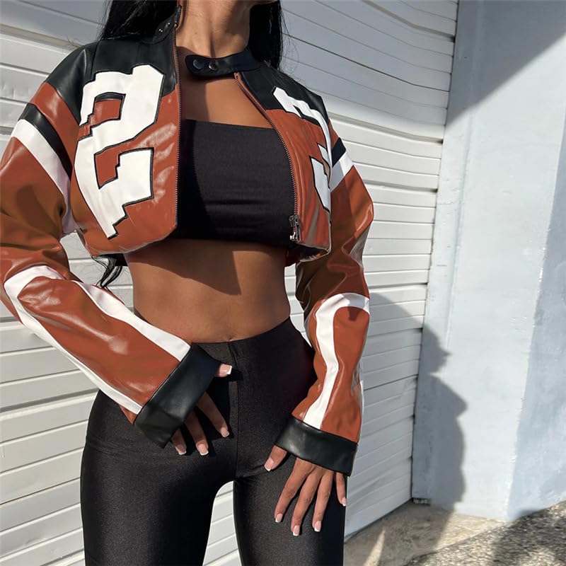 VOIKERDR Leather Jacket Cropped Jacket Motorcycle Jacket Y2K Letter Bomber Jacket Women Faux Leather Jacket Streetwear - Image 3