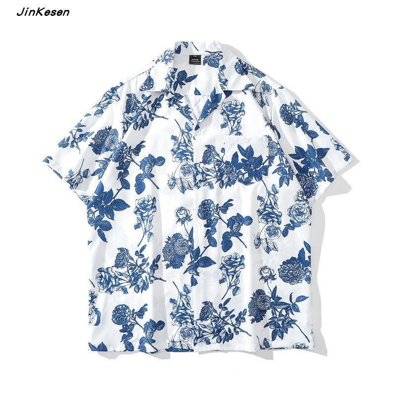 vintage Cuban Collar Shirt Mens and Womens Loose Hong Kong Style Design Couples Beach Short Sleeve Shirt 7937# White 