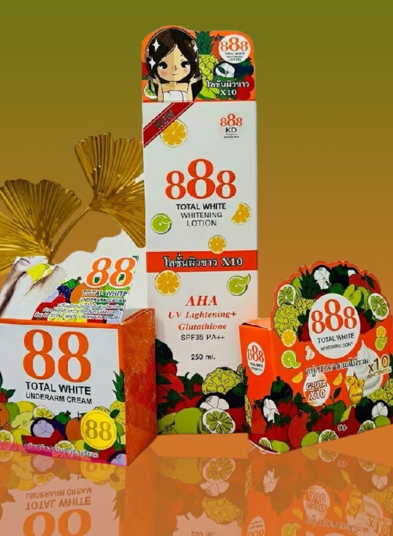 888 Total White AHA Whitening Lotion for UV Light + Gluta Whitening Soap 10x & 10x Whitening 80g + Underarm Whitening Cream