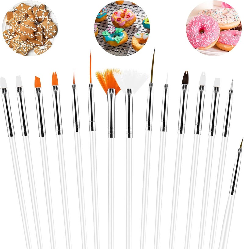 Aster 15Pcs Cake Decorating Brushes, Cake Painting Brushes Kit Food Safe Paint Brushes Multiple Function Cookie Brushes Fondant Sugar DIY Tool Set Candy Icing Pastry Brush for Baking(White) - Image 1