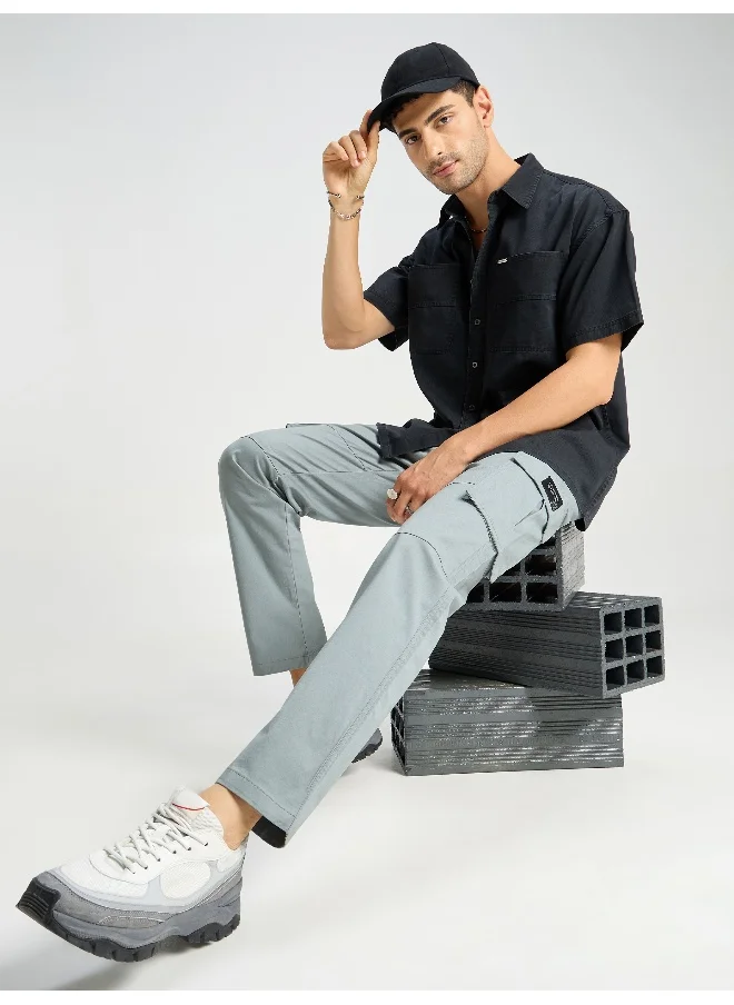 Beyoung Pale Grey Solid Cargo Pants for Men