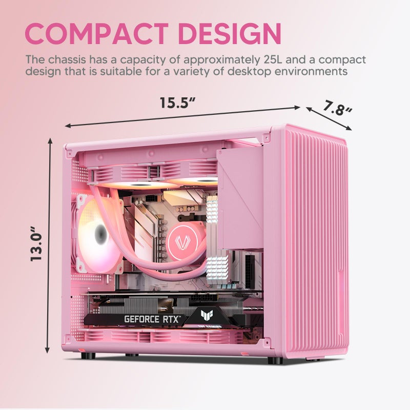 Vetroo M06 Micro-ATX/Mini-ITX Gaming PC Case, Compact High Airflow Mesh Mid Tower, Supports 5Ã—120mm Fans & 240mm Liquid Cooling, GPU Up to 355mm, Adjustable PSU Mount, USB Type-C I/O - Pink - Image 2