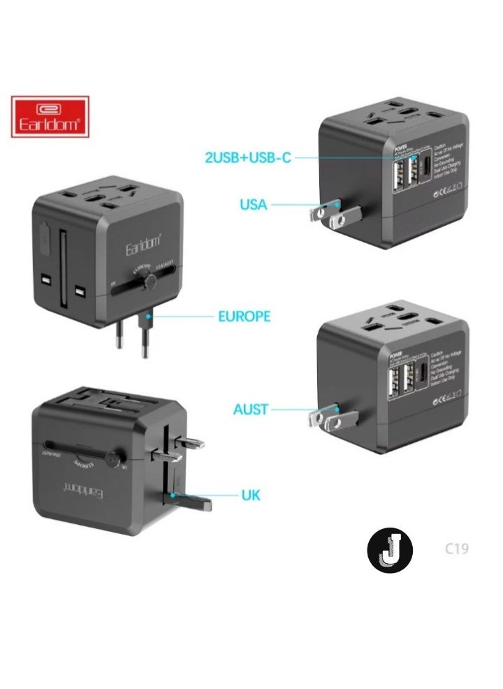 JAJEEK Universal Travel Adapter with USB-C, 1500W Power, 5.0V 2.4A Output, Overcharge Protection, Fireproof PC Material – Compact All-in-One Charger for Mobile & Universal Devices - Image 2