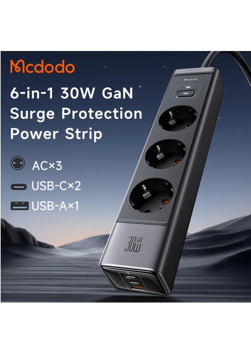 Mcdodo CH-0620 (3xAC Sockets + 2xUSB-C Ports + 1xUSB-A Port) 6-in-1 30W GaN Surge Protection Power Strip -Black  - Image 5