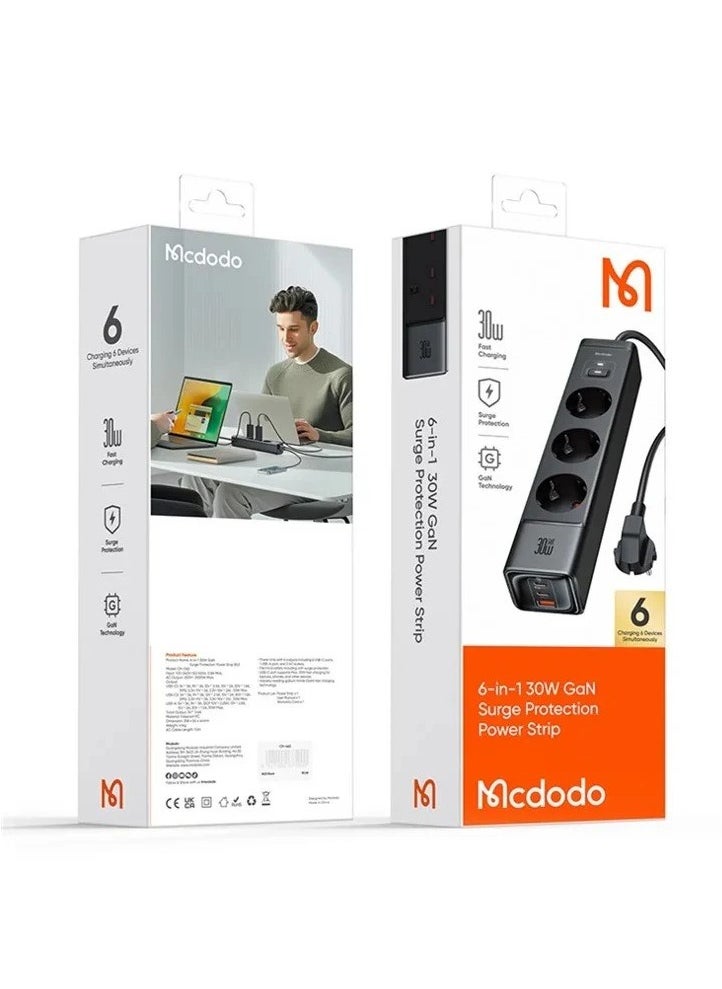 CH-0620 (3 مقابس تيار متردد + 2 منافذ USB-C + 1 منفذ USB-A) شريط طاقة للحماية من زيادة التيار 6 في 1 بقدرة 30 وات - أسود