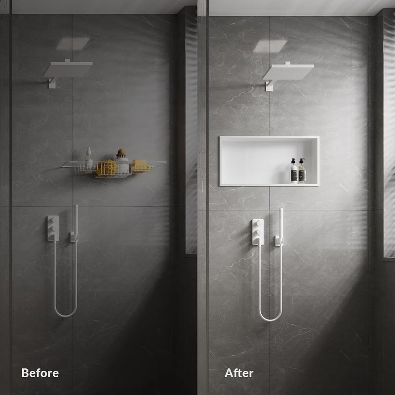 MERRANOX  niche دش أبيض 24" × 12" ، niche حائط من الفولاذ المقاوم للصدأ 304 ، رف حمام مدمج ، لا حاجة للبلاط ، تركيب سهل - Image 4
