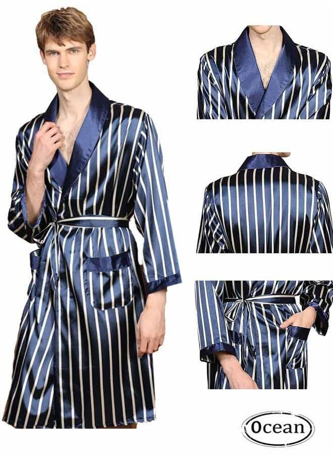 Ocean Men's Polyester Long Sleeved Nightgown (Blue), V-Neck Stripe Design, Fashionable and High-End, with Simple Pockets, Essential Pajamas for Business Trips and Home Wear  - Image 1