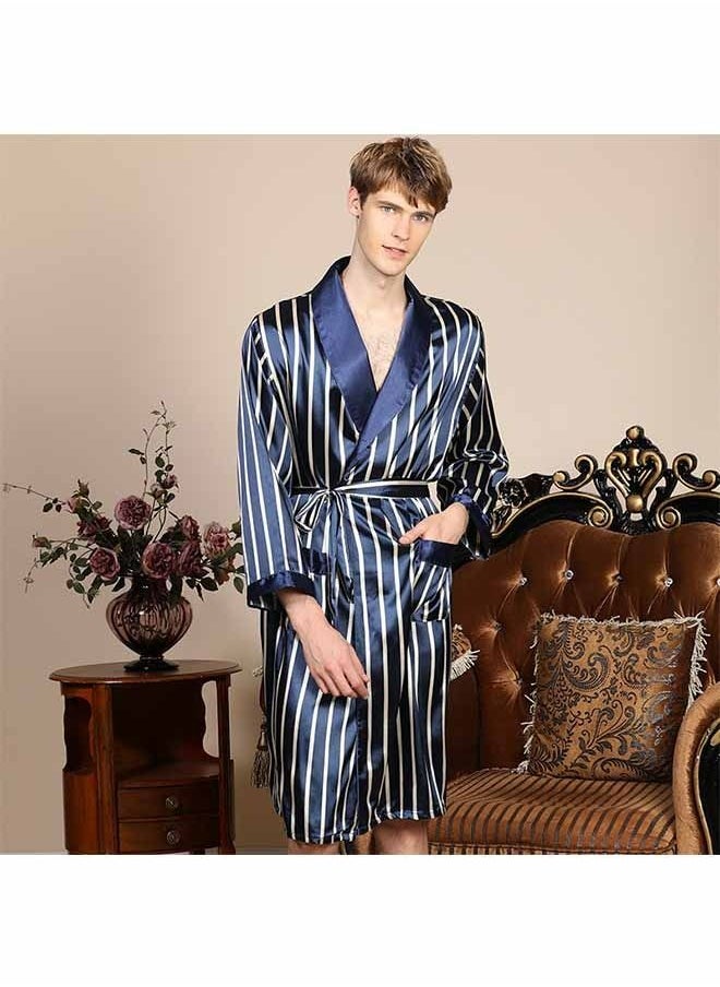 Ocean Men's Polyester Long Sleeved Nightgown (Blue), V-Neck Stripe Design, Fashionable and High-End, with Simple Pockets, Essential Pajamas for Business Trips and Home Wear  - Image 2