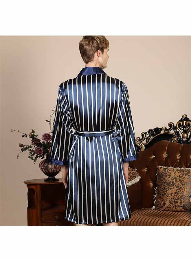Ocean Men's Polyester Long Sleeved Nightgown (Blue), V-Neck Stripe Design, Fashionable and High-End, with Simple Pockets, Essential Pajamas for Business Trips and Home Wear  - Image 3