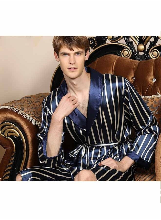 Ocean Men's Polyester Long Sleeved Nightgown (Blue), V-Neck Stripe Design, Fashionable and High-End, with Simple Pockets, Essential Pajamas for Business Trips and Home Wear  - Image 4
