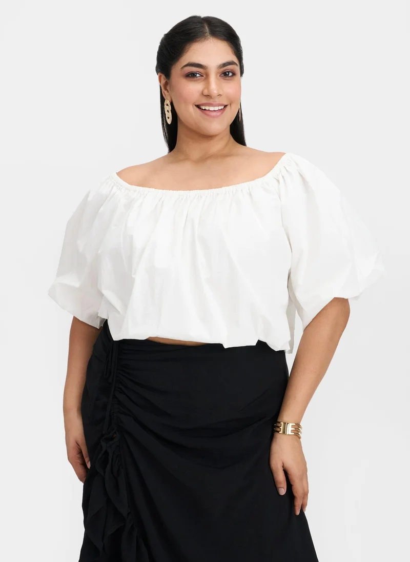 Virgio Cotton Off Brunchwear Shoulder Bubble Crop Tops for Women