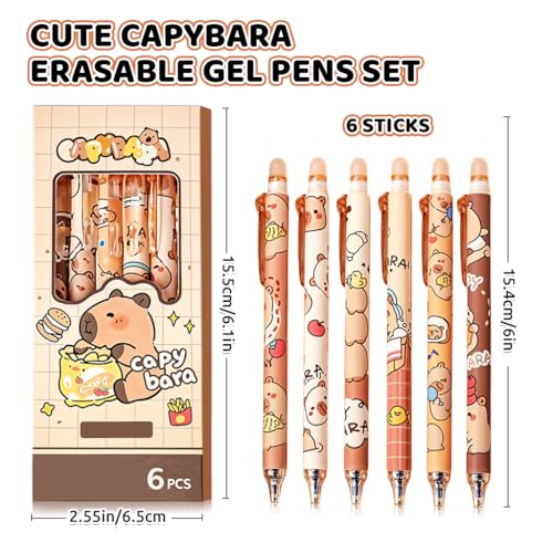 Climberty® Capybara 6Pcs Erasable Gel Pens Set - Click Erasable Gel Pens with Rubber Eraser Cap, Blue Ink Cute Cartoon Capybara Student Writing Office Stationeries Gift Pack (Blue) - Image 2