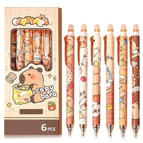 Climberty® Capybara 6Pcs Erasable Gel Pens Set - Click Erasable Gel Pens with Rubber Eraser Cap, Blue Ink Cute Cartoon Capybara Student Writing Office Stationeries Gift Pack (Blue) - Image 1