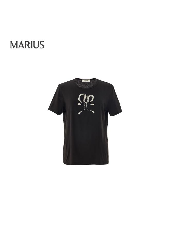 Marius Minimalist Commuter Shop Lyocell Scoop Neck Shoulder-fitted Color-block Embroidered Hollow Lace Pearl Top - Image 4