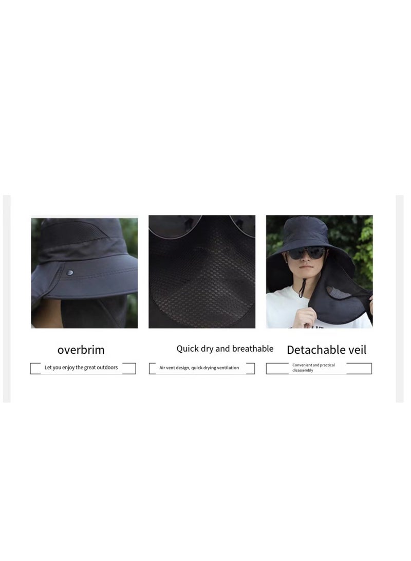 Generic 360 ° integrated face mask and sunscreen hat UV resistant hat, UPF50+full band filter Sun hat, mountaineering hat with detachable mesh face, neck flap, men's and women's fishing caps Black  - Image 3