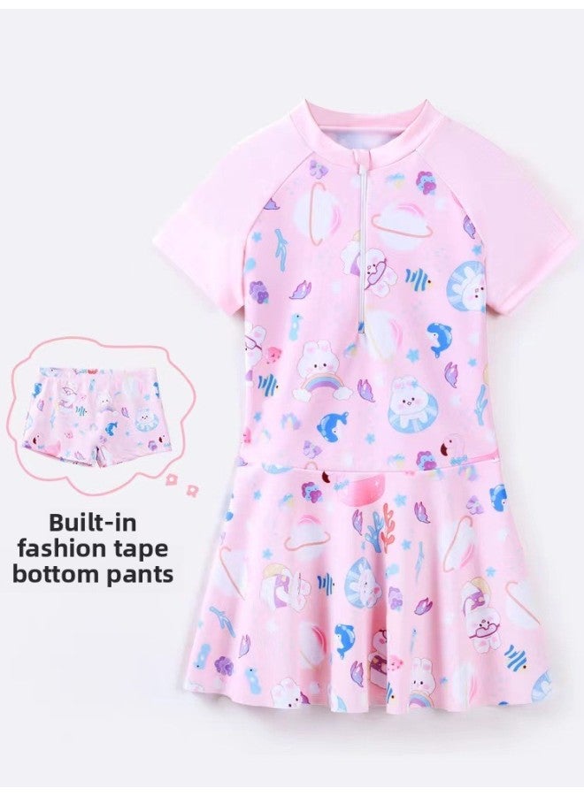 Loquat Children's Swimwear Girls' Western-style Dress Split Boxers Swimwear Girls' Training Special Swimsuit-Color:Pink 169- - Image 1