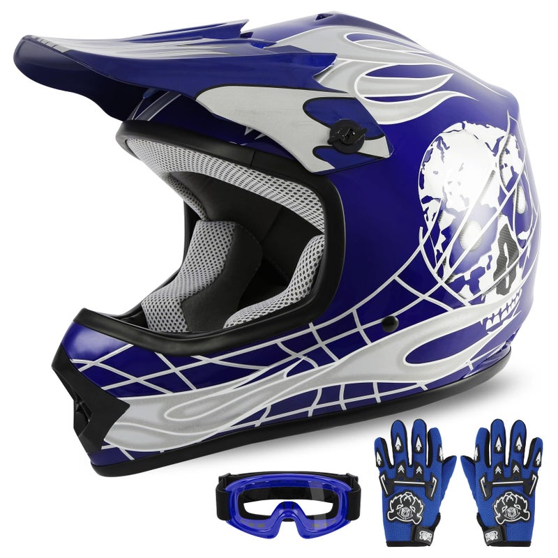 XFMT Kids Dirt Bike Helmet Youth Motorcycle Helmet DOT-Certified Full Face Helmets for Motocross ATV Off-Road Street Bike with Goggles & Gloves, Blue Skull Medium - Image 1