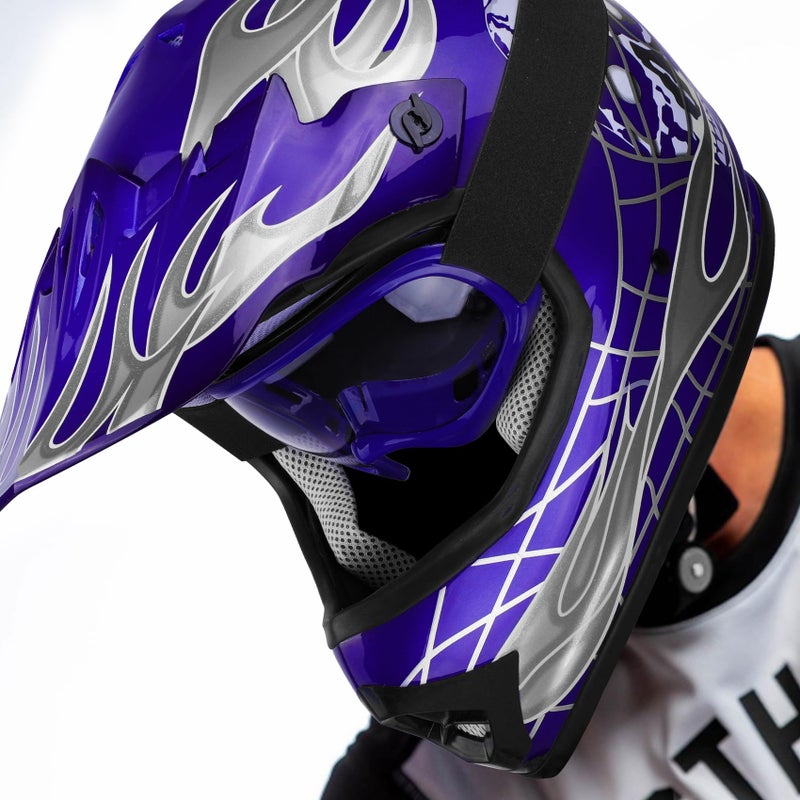 XFMT Kids Dirt Bike Helmet Youth Motorcycle Helmet DOT-Certified Full Face Helmets for Motocross ATV Off-Road Street Bike with Goggles & Gloves, Blue Skull Medium - Image 5