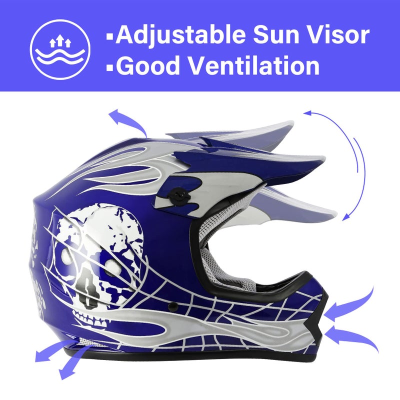 XFMT Kids Dirt Bike Helmet Youth Motorcycle Helmet DOT-Certified Full Face Helmets for Motocross ATV Off-Road Street Bike with Goggles & Gloves, Blue Skull Medium - Image 2
