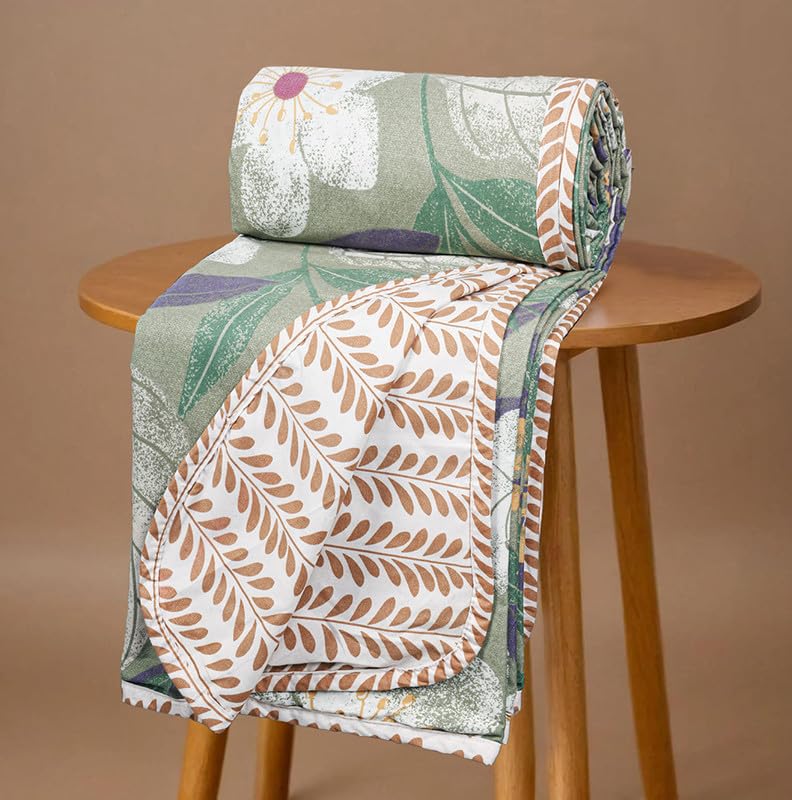VAS COLLECTIONS Pure Cotton 120 GSM Reversible Soft Lightweight Printed Single Bed Blanket/AC Dohar/Skin Friendly Dohar-152 x 225 cm - Light Green & Beige - Image 1