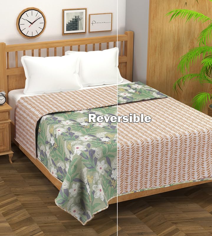 VAS COLLECTIONS Pure Cotton 120 GSM Reversible Soft Lightweight Printed Single Bed Blanket/AC Dohar/Skin Friendly Dohar-152 x 225 cm - Light Green & Beige - Image 2