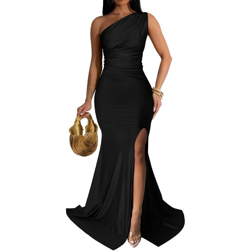Memoriesea Women's Sexy One Shoulder Ruched High Split Evening Maxi Formal Dress - Image 1