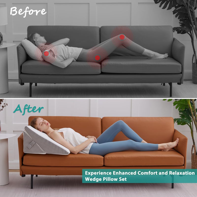 Bedluxe Wedge Pillow for Sleeping, Adjustable 9&12 Inch Foldable Bed Wedge Pillow Set, Orthopedic Memory Foam Triangle Pillows Wedge, 7-in-1 Elevated Pillows for Leg and Back Support, White/Grey - Image 3