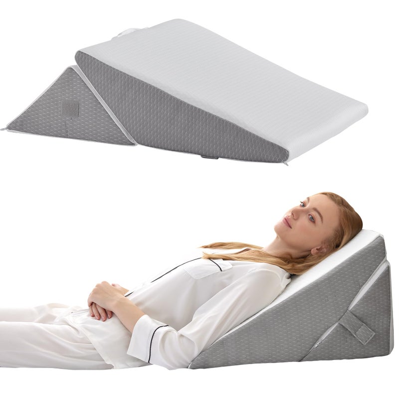 Bedluxe Wedge Pillow for Sleeping, Adjustable 9&12 Inch Foldable Bed Wedge Pillow Set, Orthopedic Memory Foam Triangle Pillows Wedge, 7-in-1 Elevated Pillows for Leg and Back Support, White/Grey - Image 1