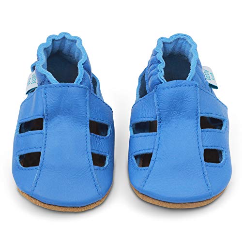 Dotty Fish Infant and Toddler Soft, Breathable Leather Sandals for Girls and Boys. Barefoot-Friendly, Non-Slip Suede Sole. Sky Blue. 12-18 Months - Image 1