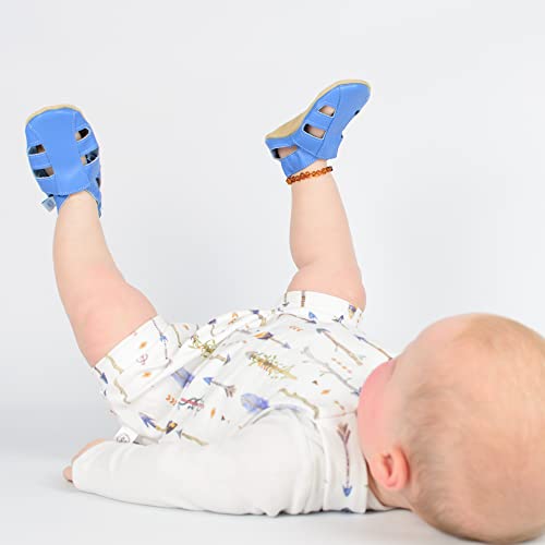 Dotty Fish Infant and Toddler Soft, Breathable Leather Sandals for Girls and Boys. Barefoot-Friendly, Non-Slip Suede Sole. Sky Blue. 12-18 Months - Image 2