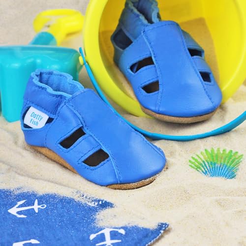 Dotty Fish Infant and Toddler Soft, Breathable Leather Sandals for Girls and Boys. Barefoot-Friendly, Non-Slip Suede Sole. Sky Blue. 12-18 Months - Image 3