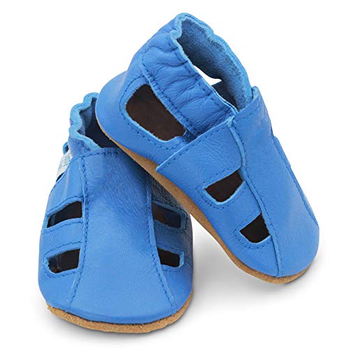 Dotty Fish Infant and Toddler Soft, Breathable Leather Sandals for Girls and Boys. Barefoot-Friendly, Non-Slip Suede Sole. Sky Blue. 12-18 Months - Image 4