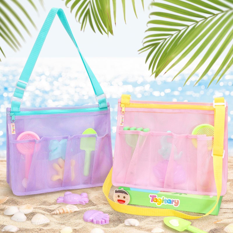 Tagitary Beach Toys Mesh Beach Bags with Zipper, Kids Pool Sand Toys Seashell Crossbody for Boys and Girls Summer Vacation Essentials - Image 2