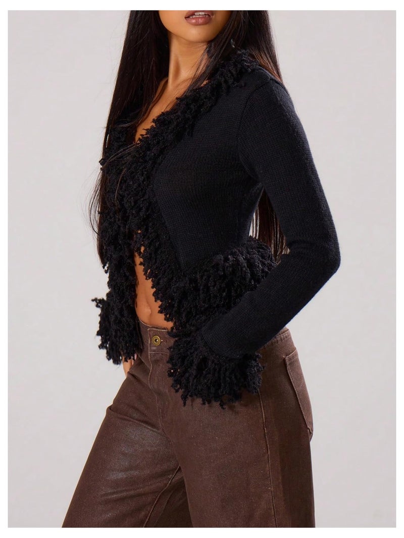 WDIRARA Women's Fuzzy Trim Cardigan Sweater Goth Punk V Neck Long Sleeve Knit Outerwear Black Small - Image 2