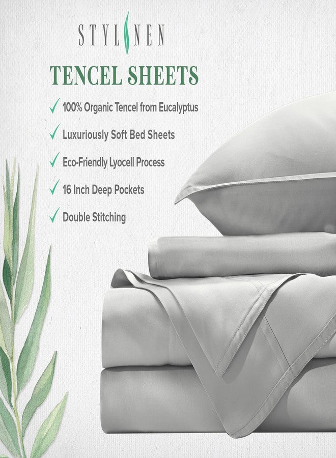 Stylinen طقم ملاءات سرير ستايلينين 100% عضوي برائحة الأوكالبتوس، مقاس كينج، 4 قطع، تينسل ليوسيل، ناعم كالحرير، يسمح بمرور الهواء، جيوب عميقة 16 بوصة، ملاءة مثبتة واحدة، ملاءة مسطحة واحدة، غطاءا وسادة (كينج، أبيض). - Image 4