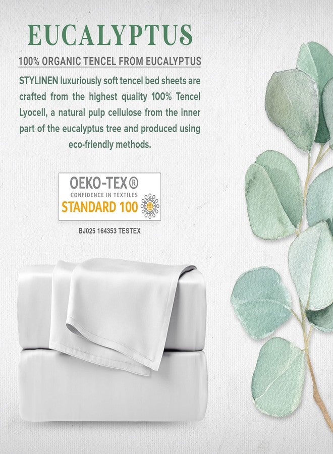 Stylinen طقم ملاءات سرير ستايلينين 100% عضوي برائحة الأوكالبتوس، مقاس كينج، 4 قطع، تينسل ليوسيل، ناعم كالحرير، يسمح بمرور الهواء، جيوب عميقة 16 بوصة، ملاءة مثبتة واحدة، ملاءة مسطحة واحدة، غطاءا وسادة (كينج، أبيض). - Image 2