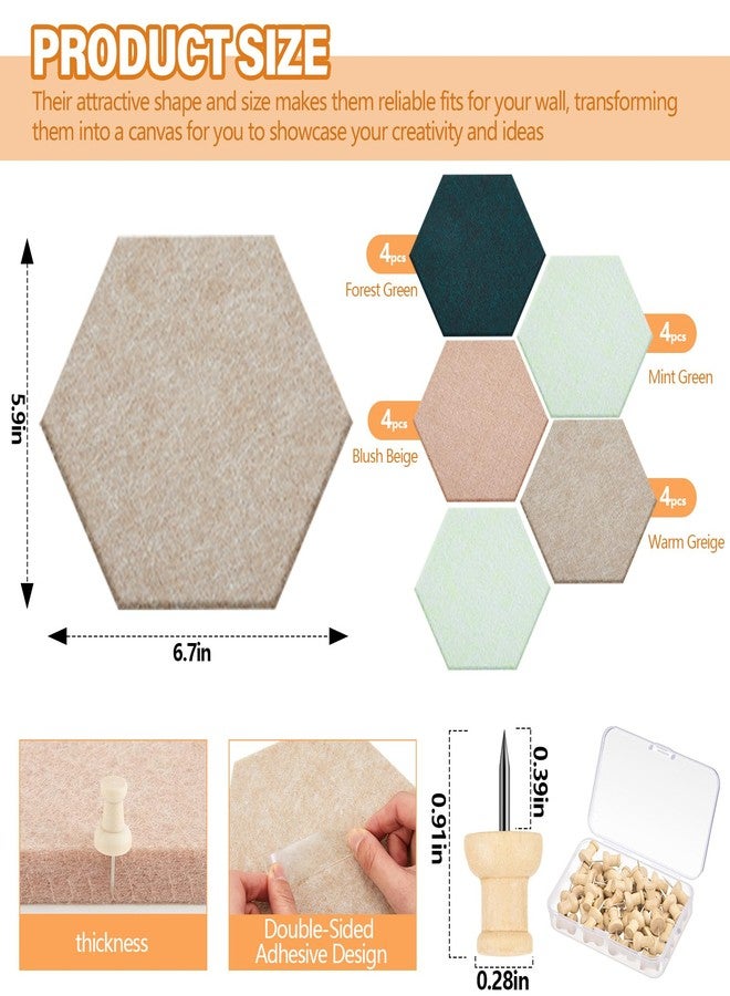 Mindsoft 16 Pcs Hexagon Cork Board for Walls with 50 Wooden Push Pins 6.7 x 5.9 in Felt Bulletin Board Tiles Notice Self Adhesive Hanging Pin Board for Home Photo Office Memo Note (Fresh Colors) - Image 2