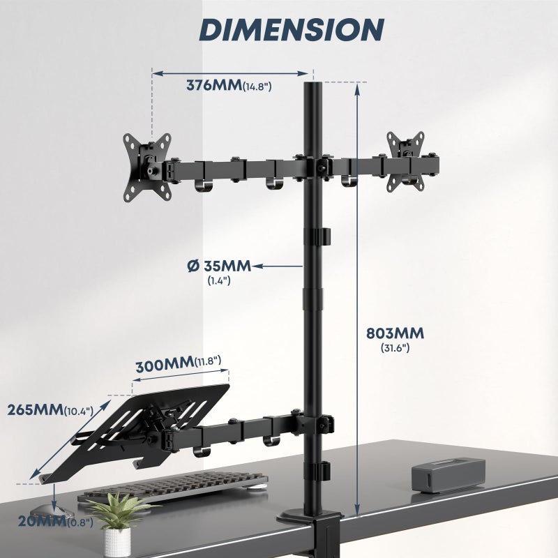 IMtKotW Dual Monitor Stand and Laptop Mount Fit Two 17 to 32 Inch Monitor and 10 to 17 Inch Laptop,Extra Tall Adjustable Stand,19.8 lbs Weight Capacity per Arm,Black - Image 5
