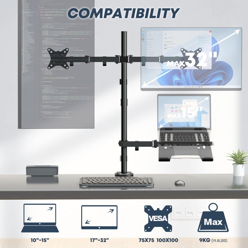 IMtKotW Dual Monitor Stand and Laptop Mount Fit Two 17 to 32 Inch Monitor and 10 to 17 Inch Laptop,Extra Tall Adjustable Stand,19.8 lbs Weight Capacity per Arm,Black - Image 2