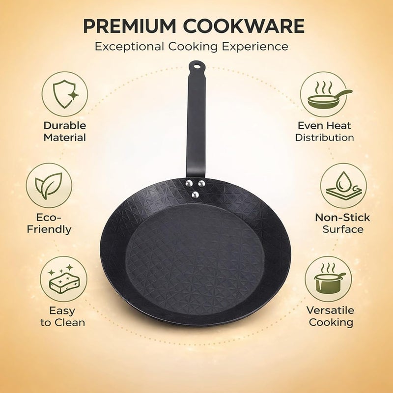 Carbon Steel Skillet Nonstick Frying Pan 28cm 11.0in, Smokeless Design, Comfortable Grip - Even Heat Distribution, Multifunctional for Indoor and Outdoor Cooking (28cm) - Image 2