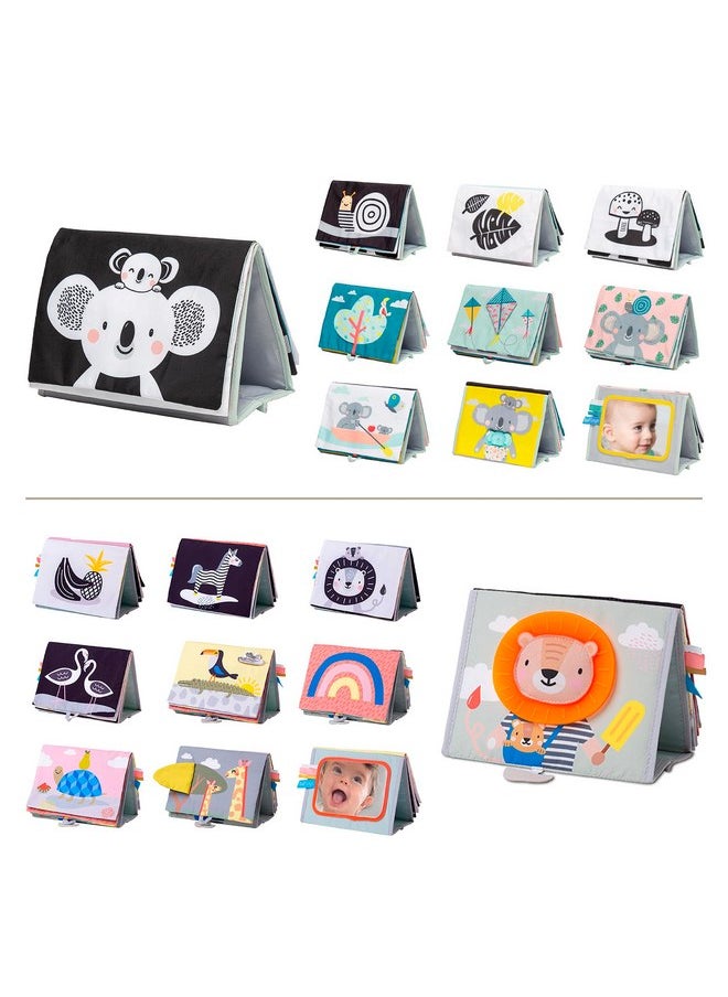 Taf Toys A Set of 2 Tummy Time Toys High Contrast Baby Book Crinkle Books for Babies Infant Tummy-time Soft Crinkle Activity Book with Huge Baby Safe Mirror, 3D Activities, Textures and a Soft Baby Teether  - Image 1