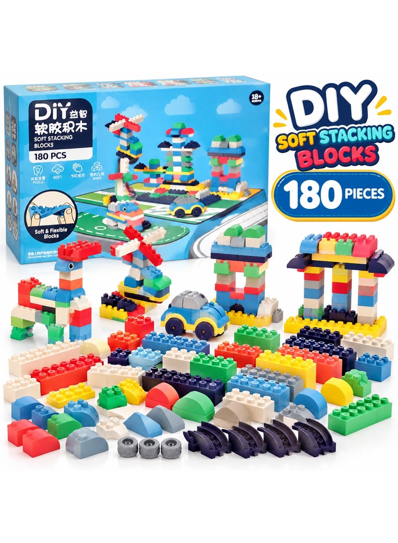 Diy 180-Piece Soft Flexible Building Blocks – Safe Silicone Construction Toy – Learning, Creativity & Fine Motor Skills - Image 1