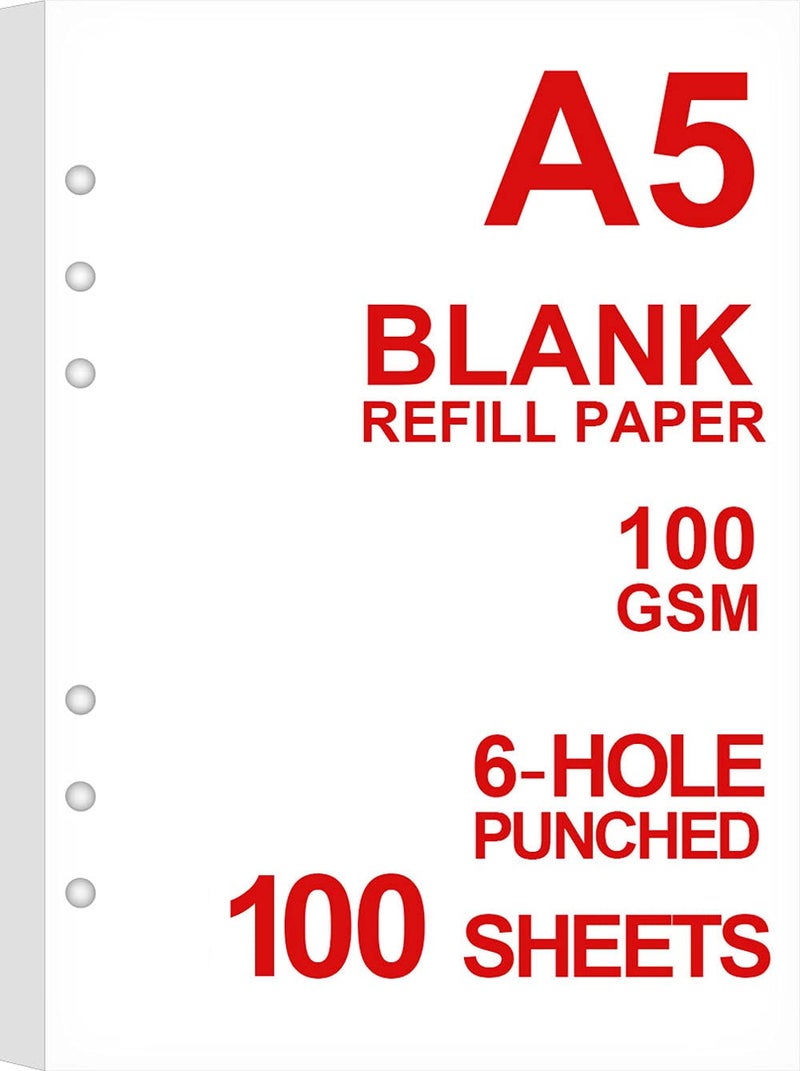 Getvow A5 Blank Paper Refill, Refills for Filofax Planner/Binders/Organizer, 6-Hole Punched, 100 Sheets/200 Pages Filler Paper, 100gsm, White, 5.8'' x 8.2'' - Image 1