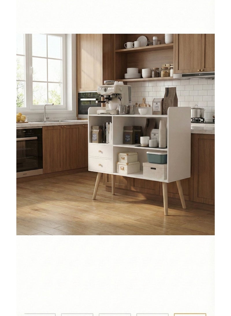 EXPERT Distinctive and stylish coffee corner, coffee cabinet with large surface, open shelves and 2 storage drawers 100x35x90 cm for living room or office white-EI-210 - Image 2
