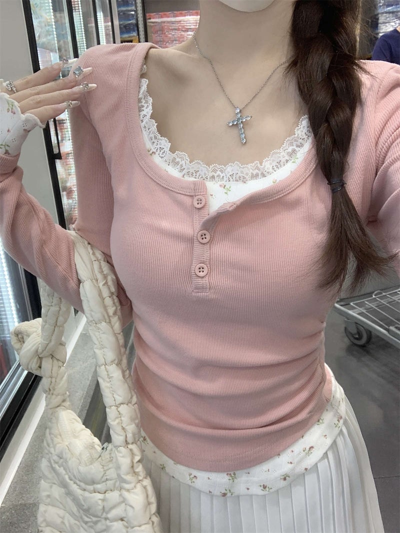 Bm Style Lace Fake Two-Piece U-Neck Long-Sleeved T-Shirt Women'S Autumn Slim-Fit Stitching Floral Chic Beautiful Base Jacket - Image 1