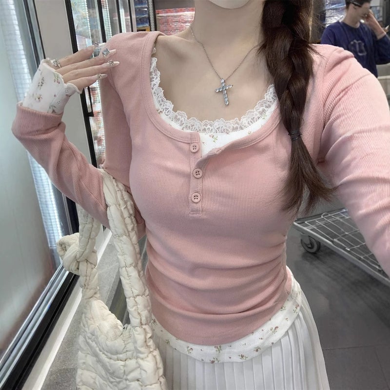 Bm Style Lace Fake Two-Piece U-Neck Long-Sleeved T-Shirt Women'S Autumn Slim-Fit Stitching Floral Chic Beautiful Base Jacket - Image 3