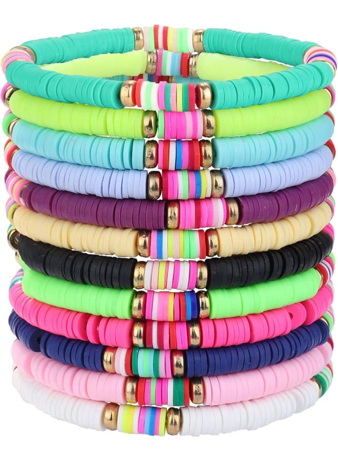 Florideco 10-12 Pcs Heishi Bracelet Clay Disc Bracelet for Women Rainbow Polymer Clay Fruit Flower Beaded Bracelet Stackable Surfer Stretch Cord Bracelets Summer Beach Jewelry - Image 1