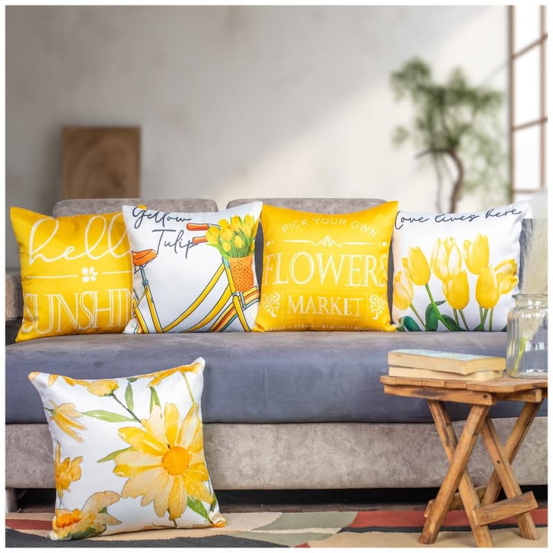Vendola Decorative Satin Sofa Cushion Covers Set of 5, 18 inch x 18 inch, Sofa Cushion Pilow Cover, Yellow and White, Zipper Closure (Golden Glow, 18X18 Inches) - Image 1