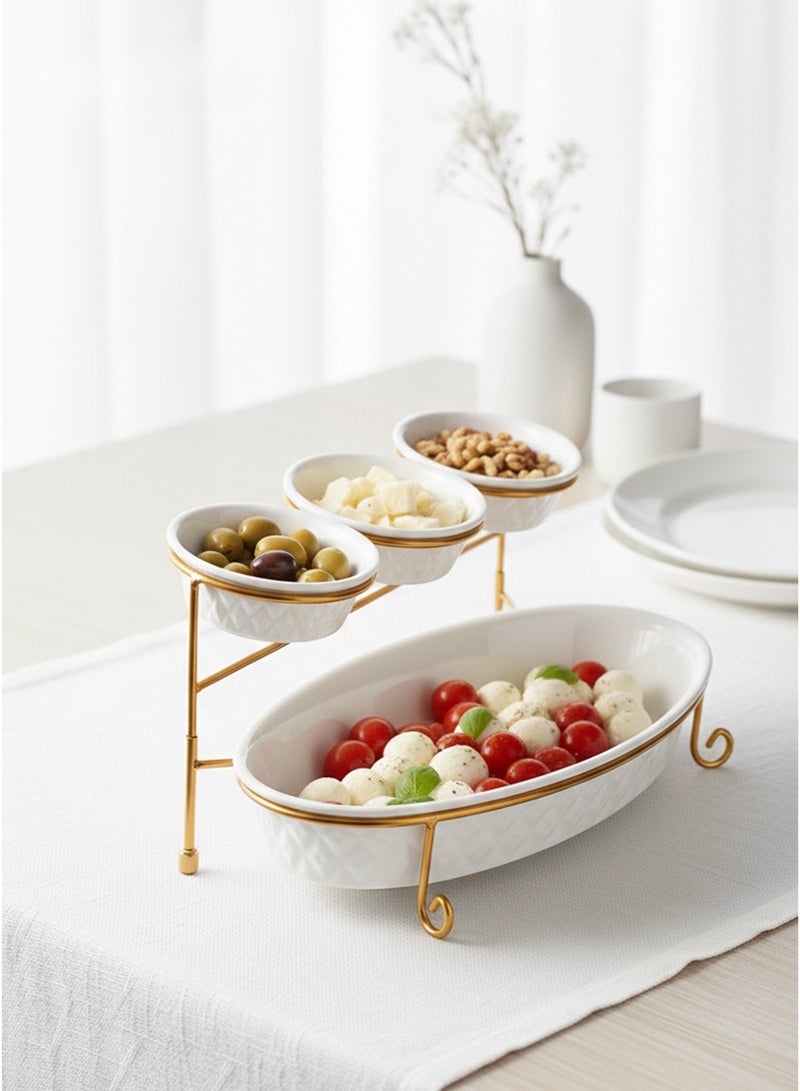 Shallow Porcelain 2-Tier Oval Serving Set - Gold Stand Rack - 3x 20cm and 1x 40cm - Image 5