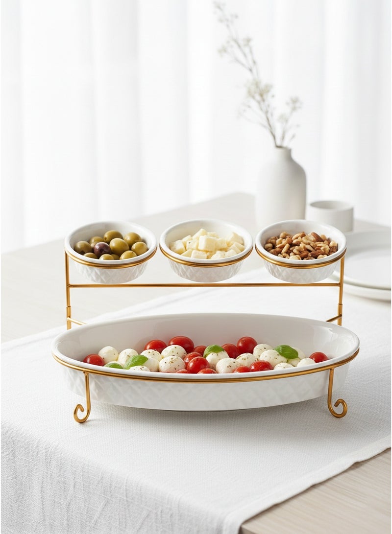 Shallow Porcelain 2-Tier Oval Serving Set - Gold Stand Rack - 3x 20cm and 1x 40cm - Image 3